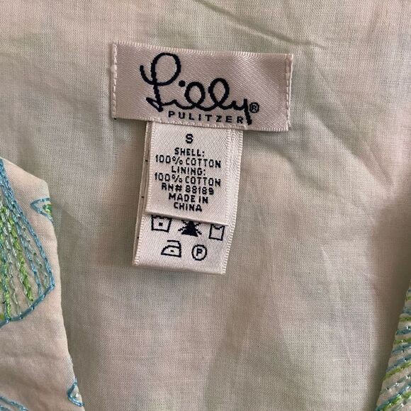 Lilly Pulitzer White Bell Sleeve Tunic Blue & Green Floral Seashell Embroidery S - Picture 4 of 7